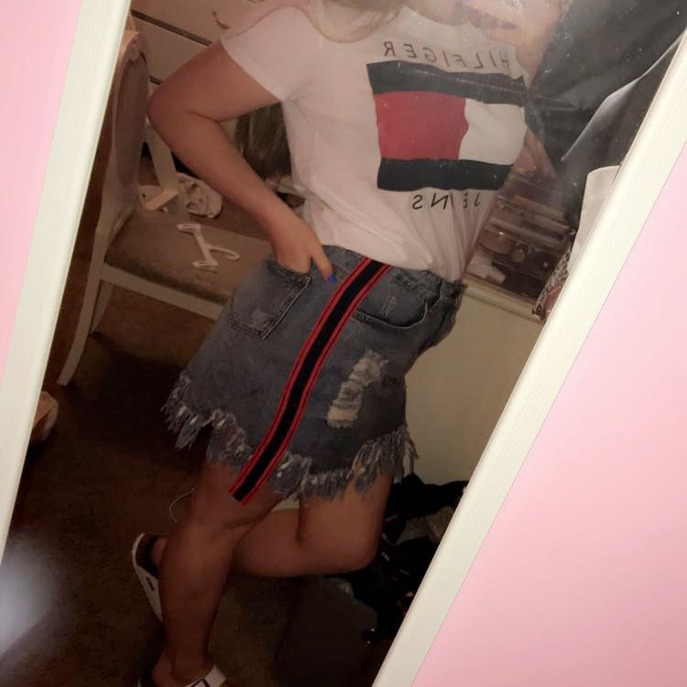Destressed denim skirt